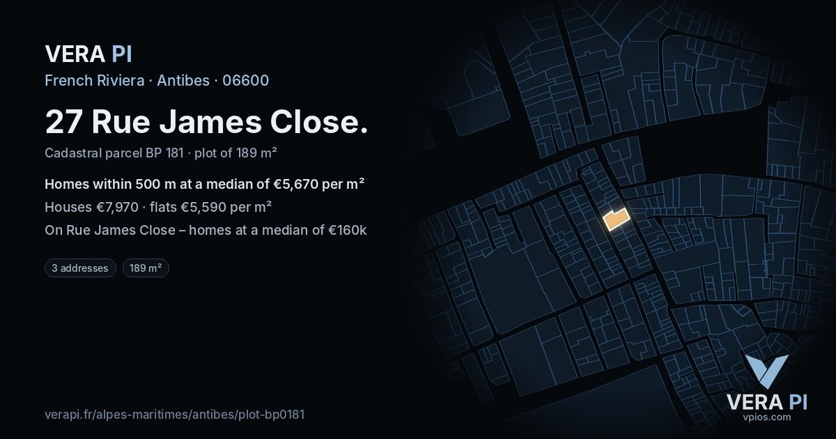27 Rue James Close, Antibes at night – the plot lit, the parcels around coloured by the prices near them