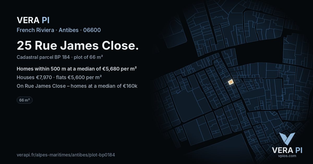 25 Rue James Close, Antibes at night – the plot lit, the parcels around coloured by the prices near them