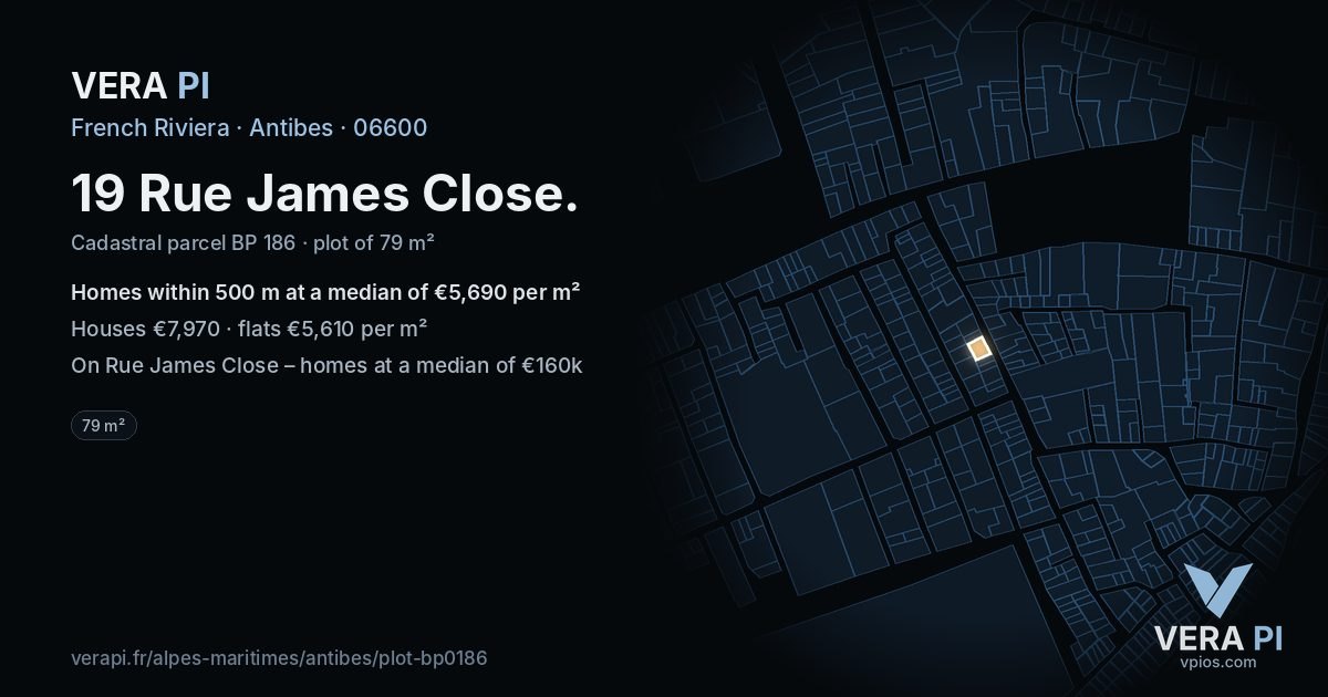 19 Rue James Close, Antibes at night – the plot lit, the parcels around coloured by the prices near them
