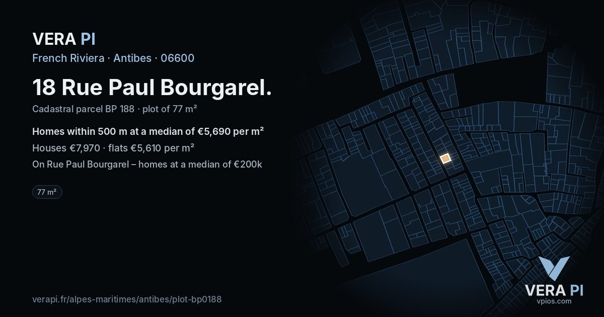 18 Rue Paul Bourgarel, Antibes at night – the plot lit, the parcels around coloured by the prices near them