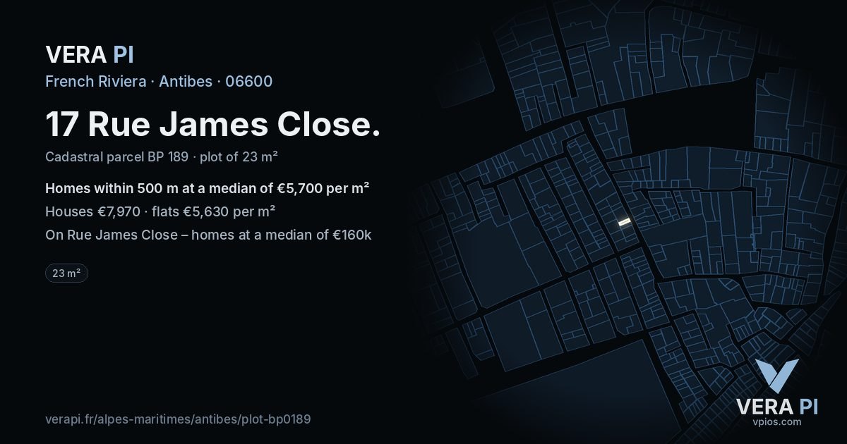 17 Rue James Close, Antibes at night – the plot lit, the parcels around coloured by the prices near them