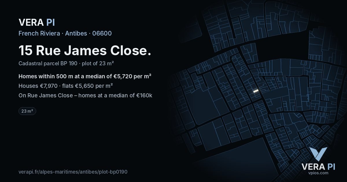 15 Rue James Close, Antibes at night – the plot lit, the parcels around coloured by the prices near them