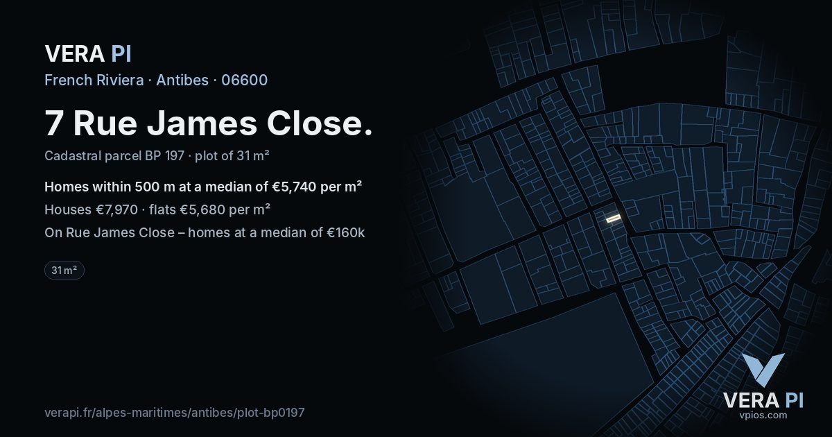 7 Rue James Close, Antibes at night – the plot lit, the parcels around coloured by the prices near them