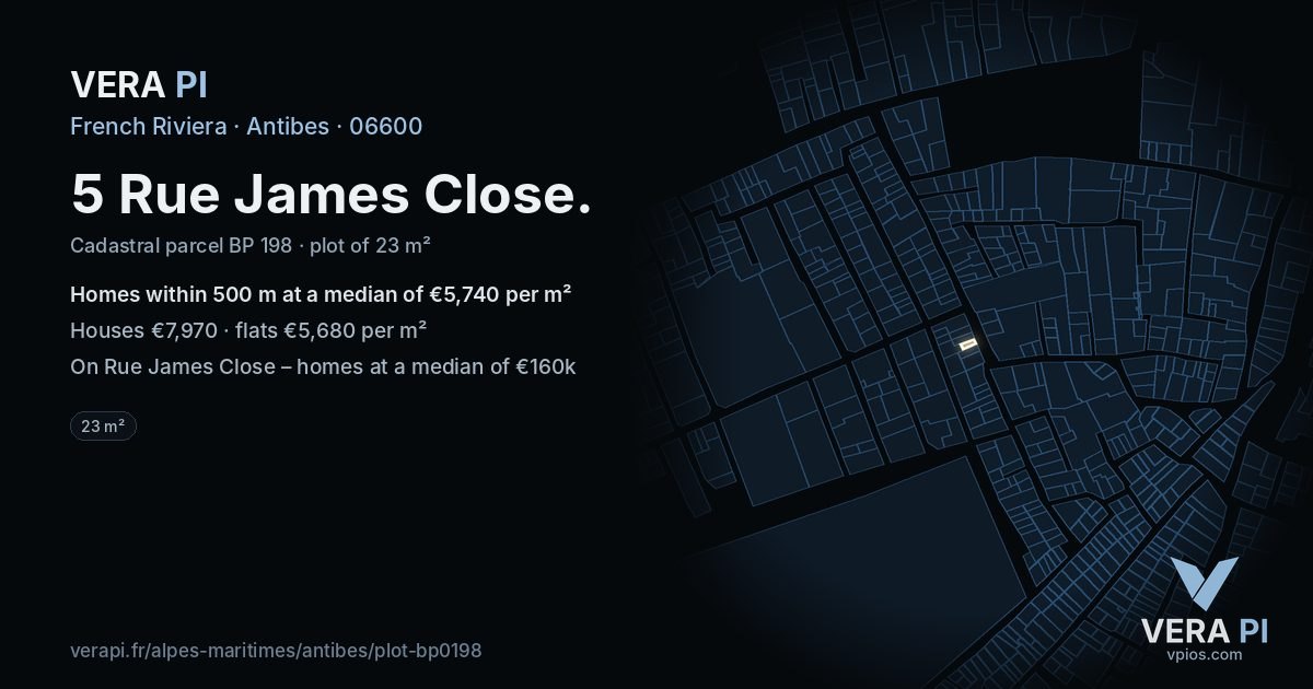 5 Rue James Close, Antibes at night – the plot lit, the parcels around coloured by the prices near them