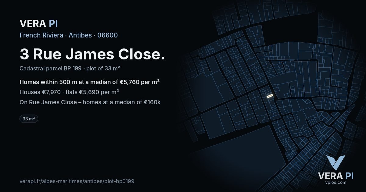 3 Rue James Close, Antibes at night – the plot lit, the parcels around coloured by the prices near them