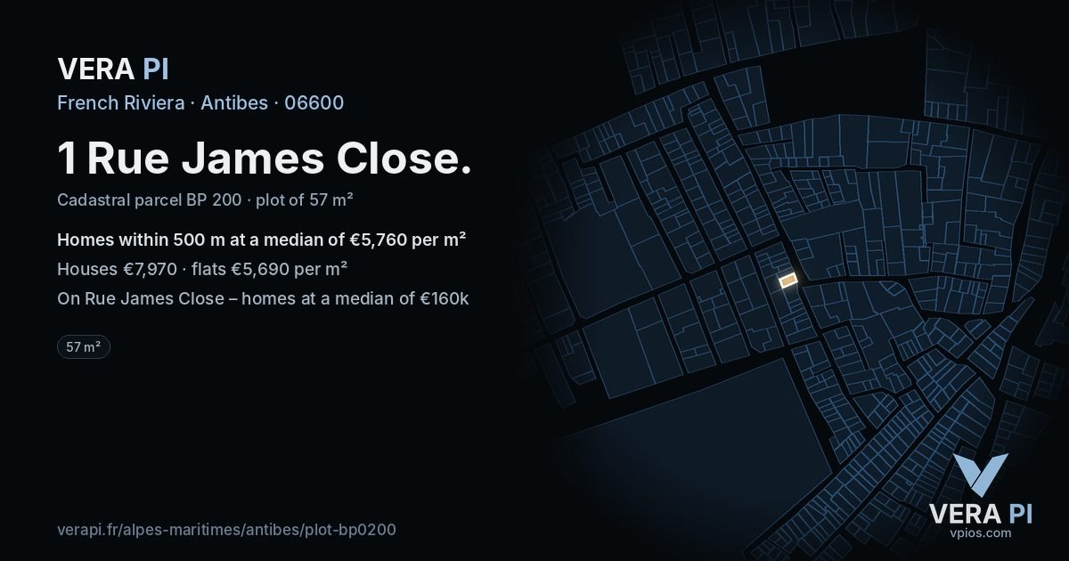 1 Rue James Close, Antibes at night – the plot lit, the parcels around coloured by the prices near them