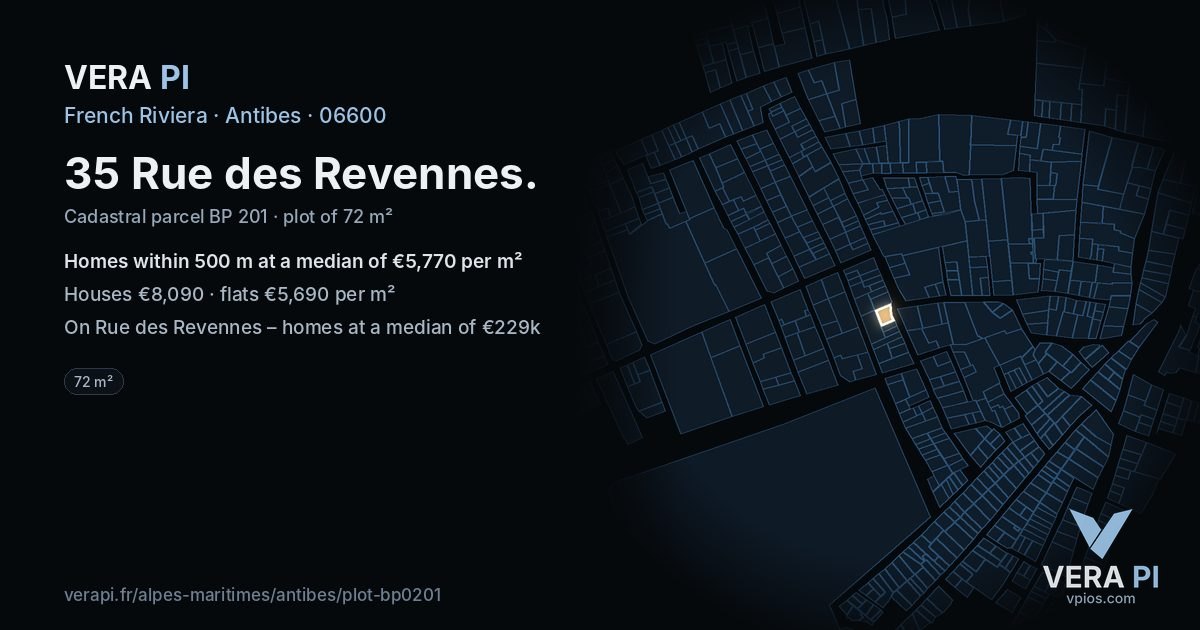 35 Rue des Revennes, Antibes at night – the plot lit, the parcels around coloured by the prices near them