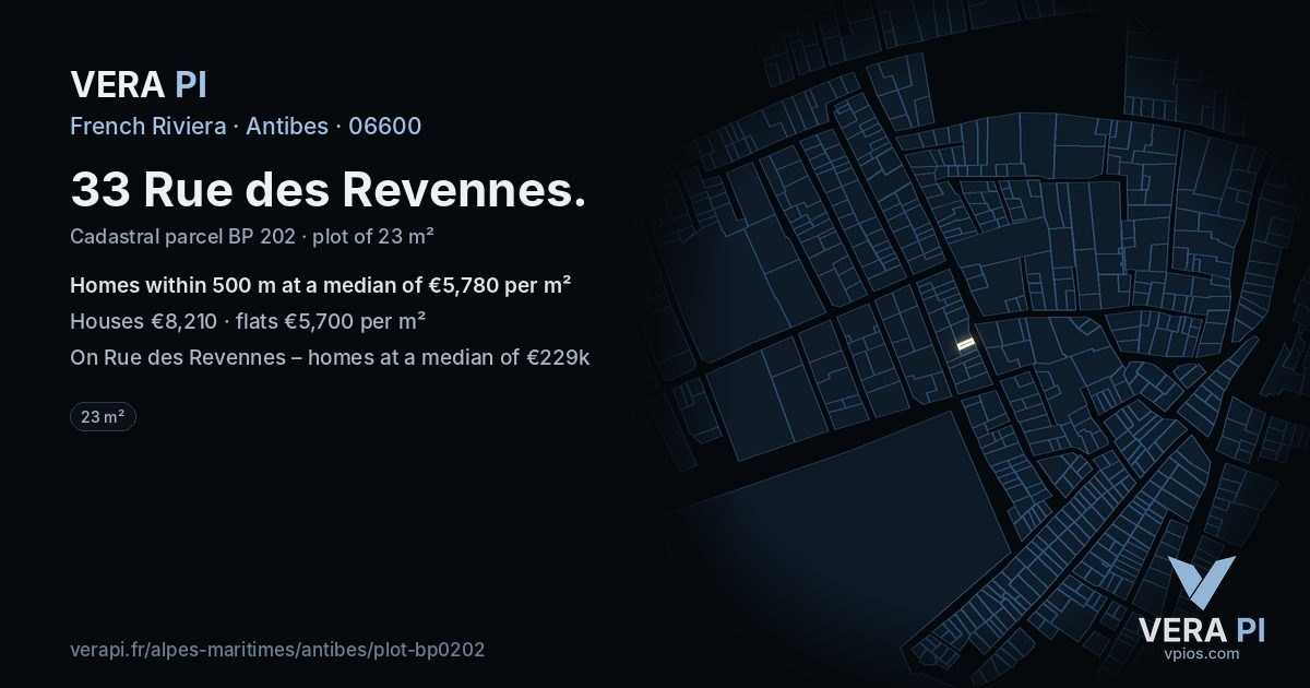 33 Rue des Revennes, Antibes at night – the plot lit, the parcels around coloured by the prices near them