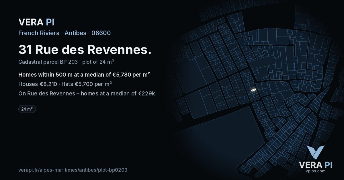 31 Rue des Revennes, Antibes at night – the plot lit, the parcels around coloured by the prices near them
