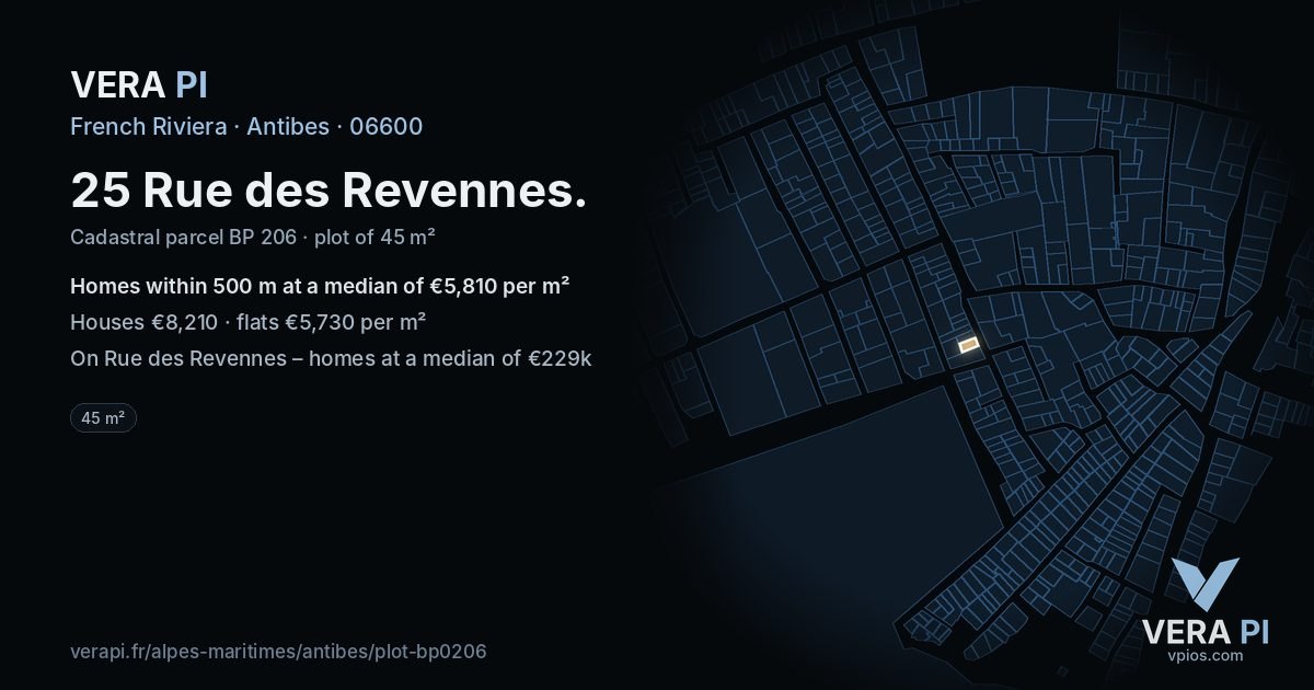 25 Rue des Revennes, Antibes at night – the plot lit, the parcels around coloured by the prices near them