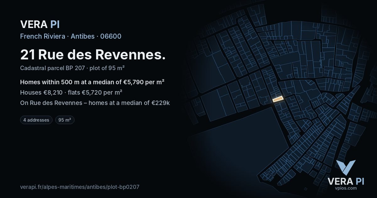 21 Rue des Revennes, Antibes at night – the plot lit, the parcels around coloured by the prices near them