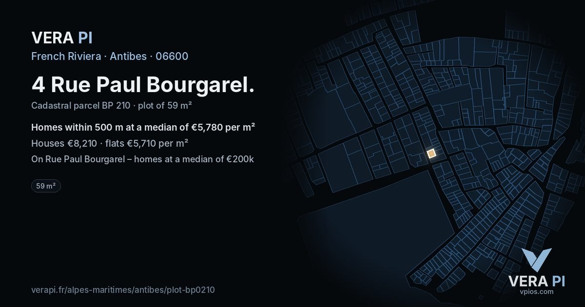 4 Rue Paul Bourgarel, Antibes at night – the plot lit, the parcels around coloured by the prices near them