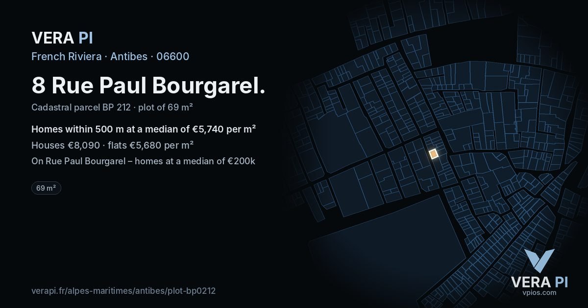 8 Rue Paul Bourgarel, Antibes at night – the plot lit, the parcels around coloured by the prices near them