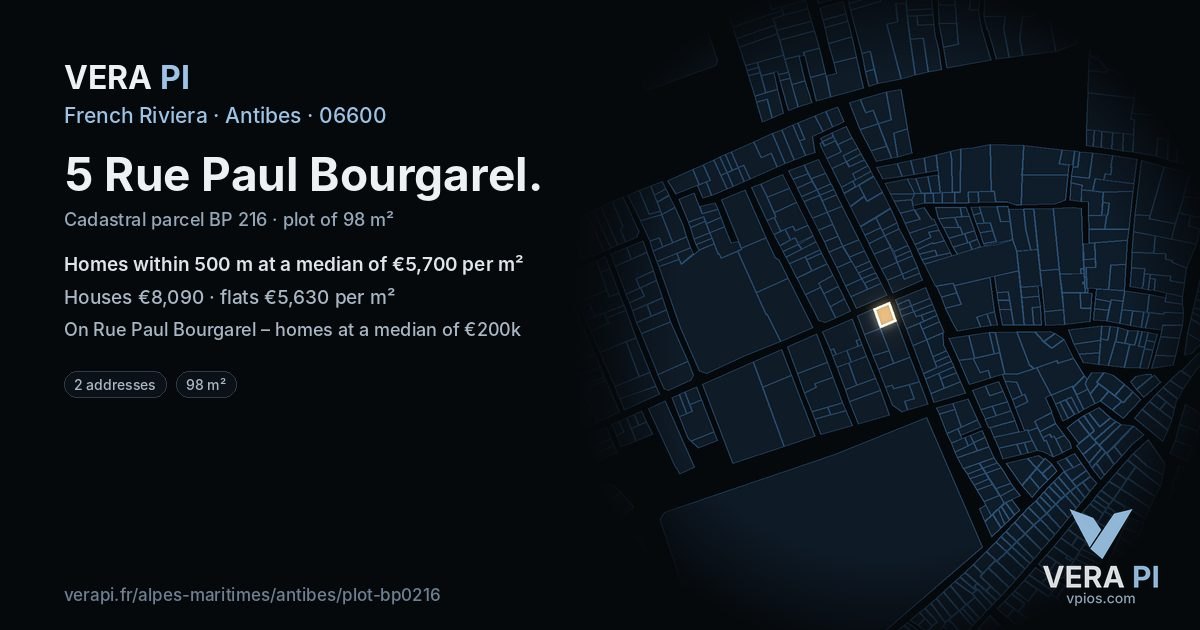 5 Rue Paul Bourgarel, Antibes at night – the plot lit, the parcels around coloured by the prices near them