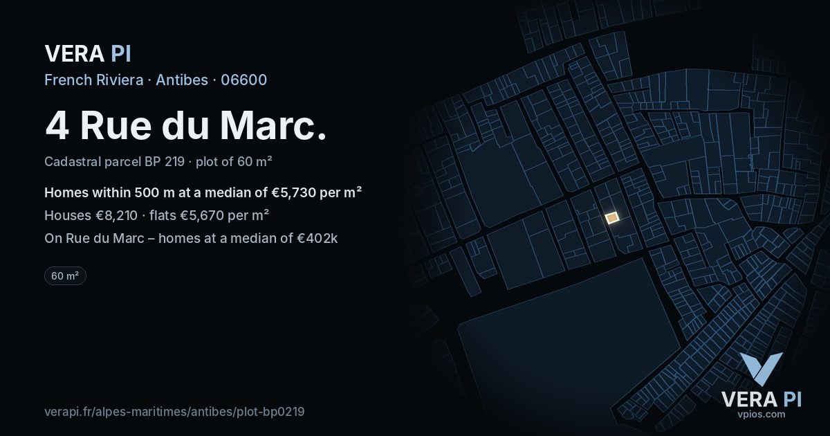 4 Rue du Marc, Antibes at night – the plot lit, the parcels around coloured by the prices near them