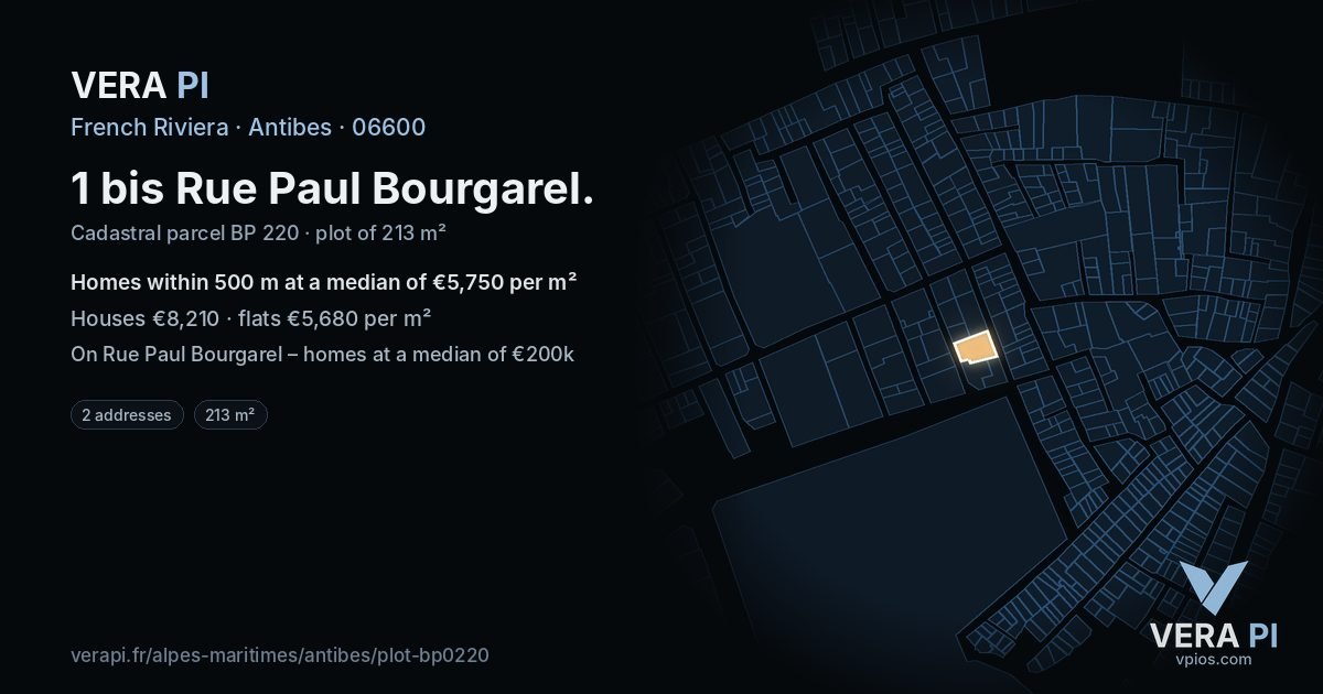 1 bis Rue Paul Bourgarel, Antibes at night – the plot lit, the parcels around coloured by the prices near them