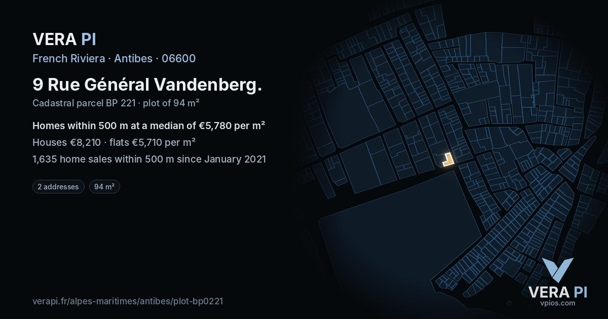 9 Rue Général Vandenberg, Antibes at night – the plot lit, the parcels around coloured by the prices near them