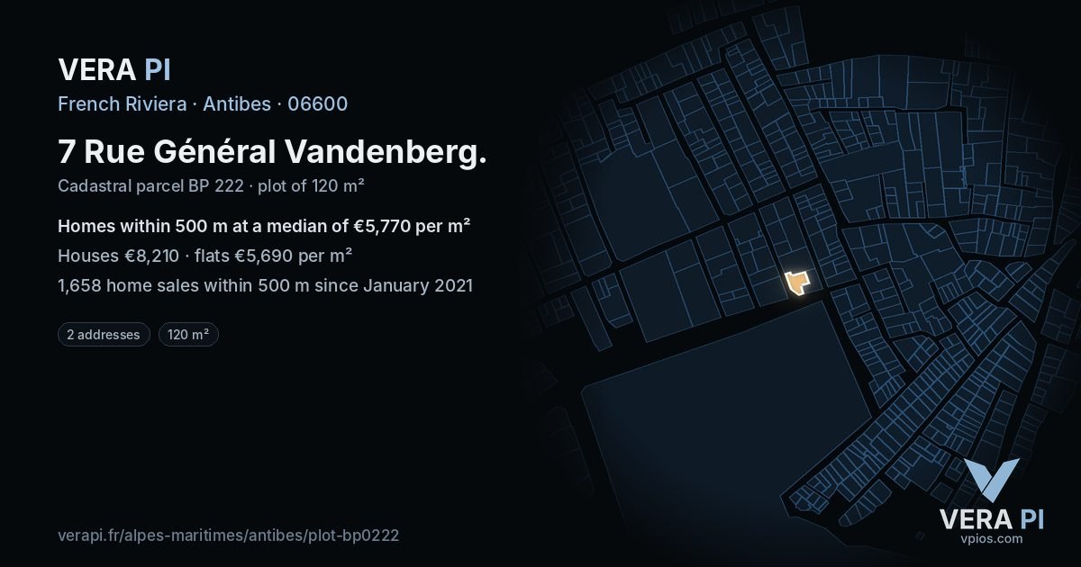 7 Rue Général Vandenberg, Antibes at night – the plot lit, the parcels around coloured by the prices near them