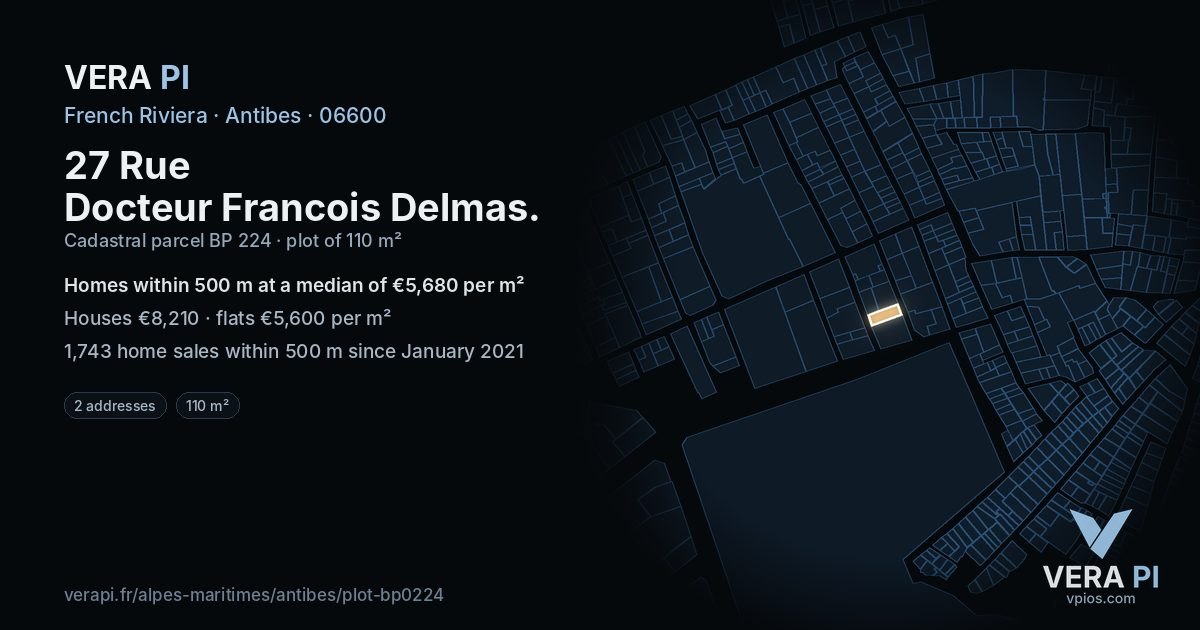 27 Rue Docteur Francois Delmas, Antibes at night – the plot lit, the parcels around coloured by the prices near them