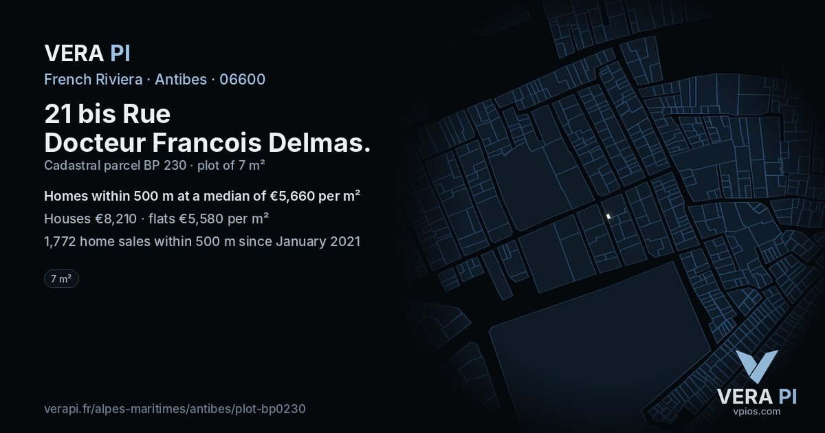 21 bis Rue Docteur Francois Delmas, Antibes at night – the plot lit, the parcels around coloured by the prices near them