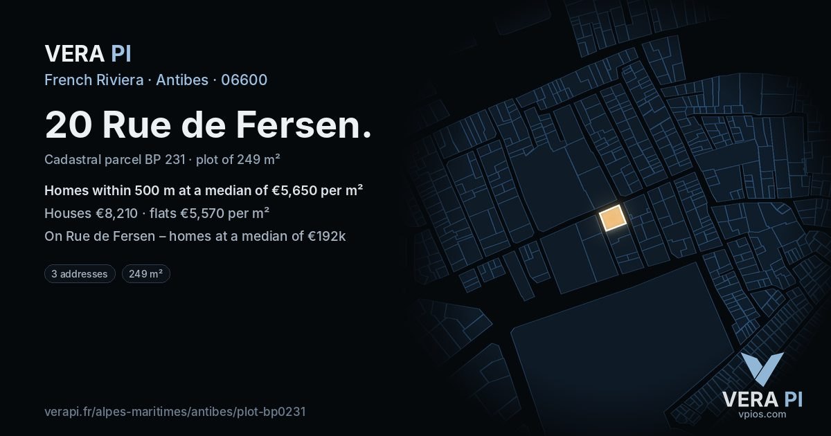 20 Rue de Fersen, Antibes at night – the plot lit, the parcels around coloured by the prices near them