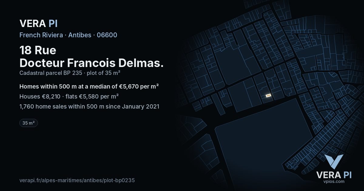 18 Rue Docteur Francois Delmas, Antibes at night – the plot lit, the parcels around coloured by the prices near them