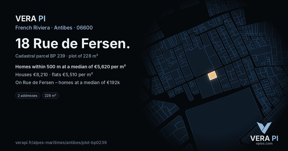 18 Rue de Fersen, Antibes at night – the plot lit, the parcels around coloured by the prices near them