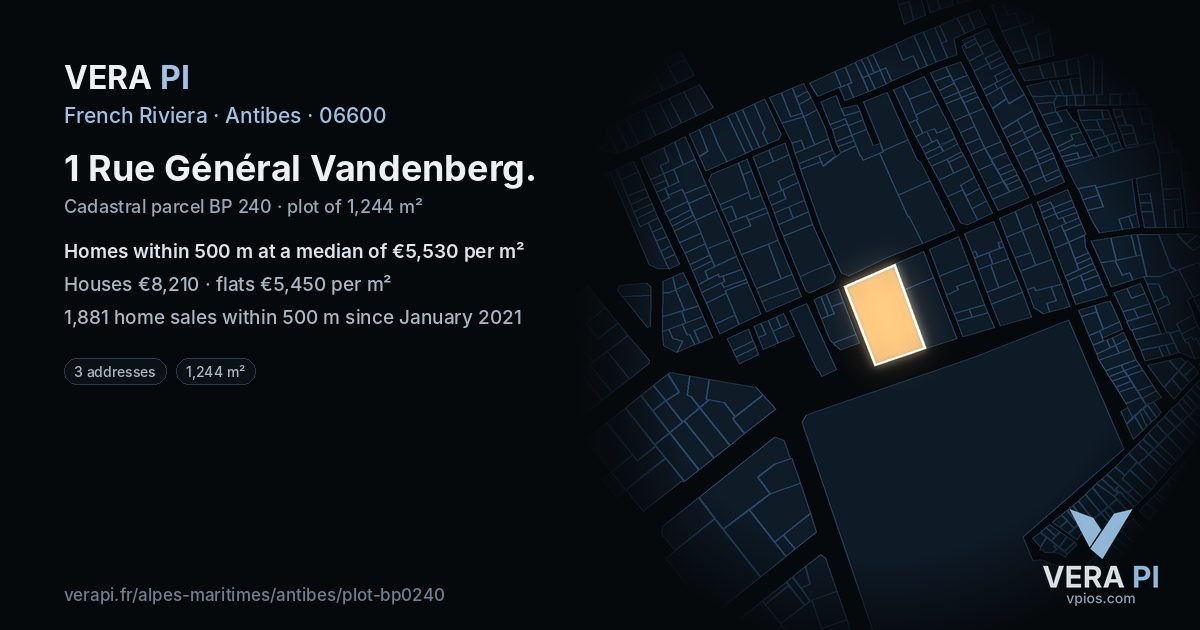 1 Rue Général Vandenberg, Antibes at night – the plot lit, the parcels around coloured by the prices near them