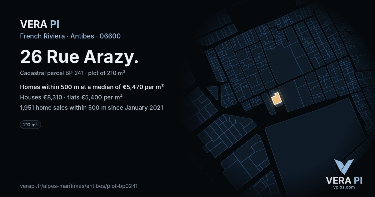 26 Rue Arazy, Antibes at night – the plot lit, the parcels around coloured by the prices near them