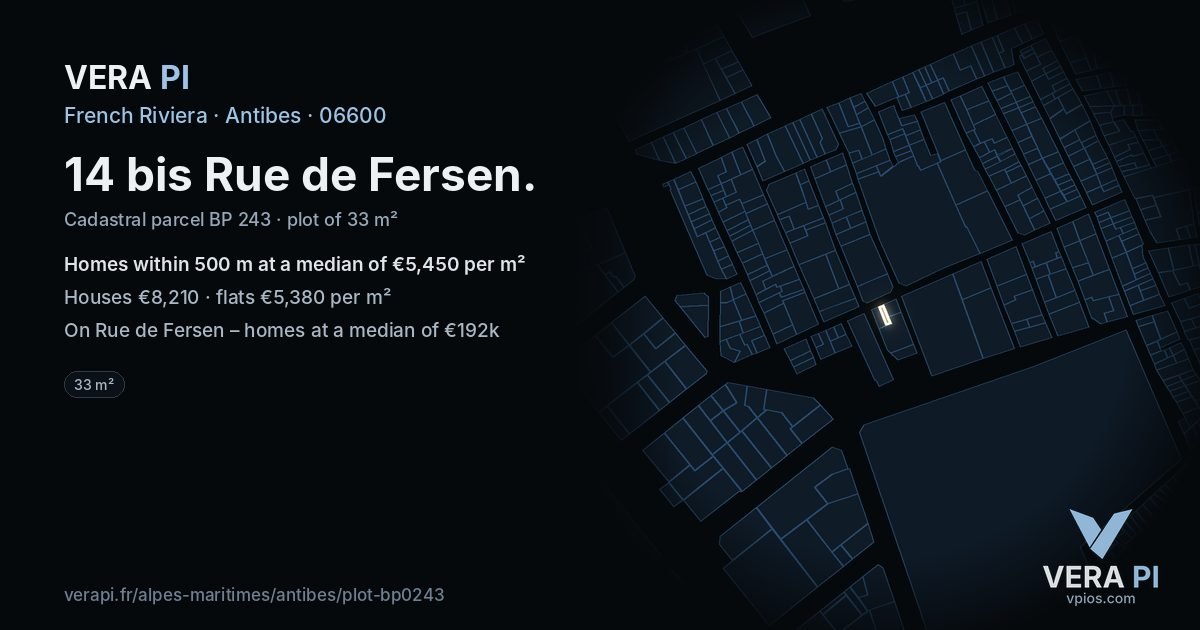 14 bis Rue de Fersen, Antibes at night – the plot lit, the parcels around coloured by the prices near them