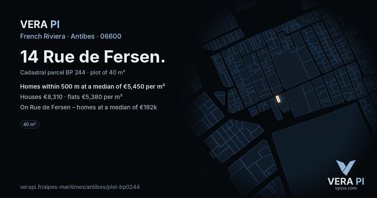 14 Rue de Fersen, Antibes at night – the plot lit, the parcels around coloured by the prices near them