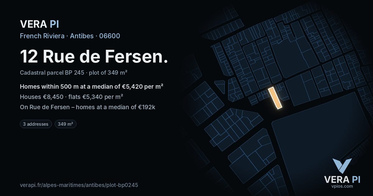 12 Rue de Fersen, Antibes at night – the plot lit, the parcels around coloured by the prices near them