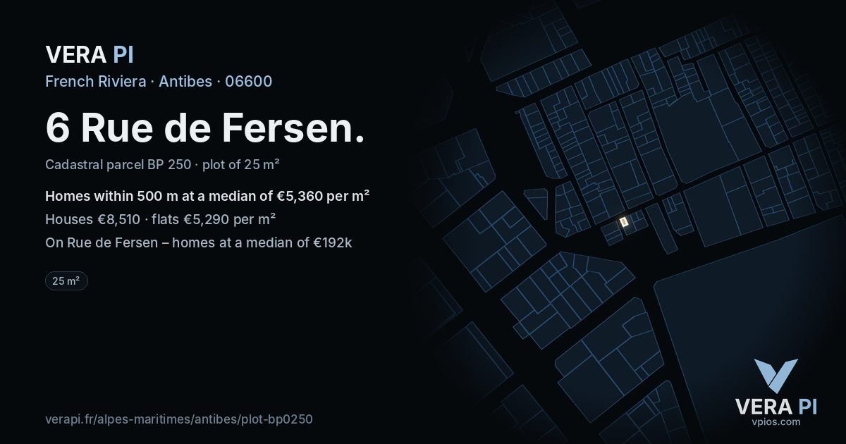 6 Rue de Fersen, Antibes at night – the plot lit, the parcels around coloured by the prices near them
