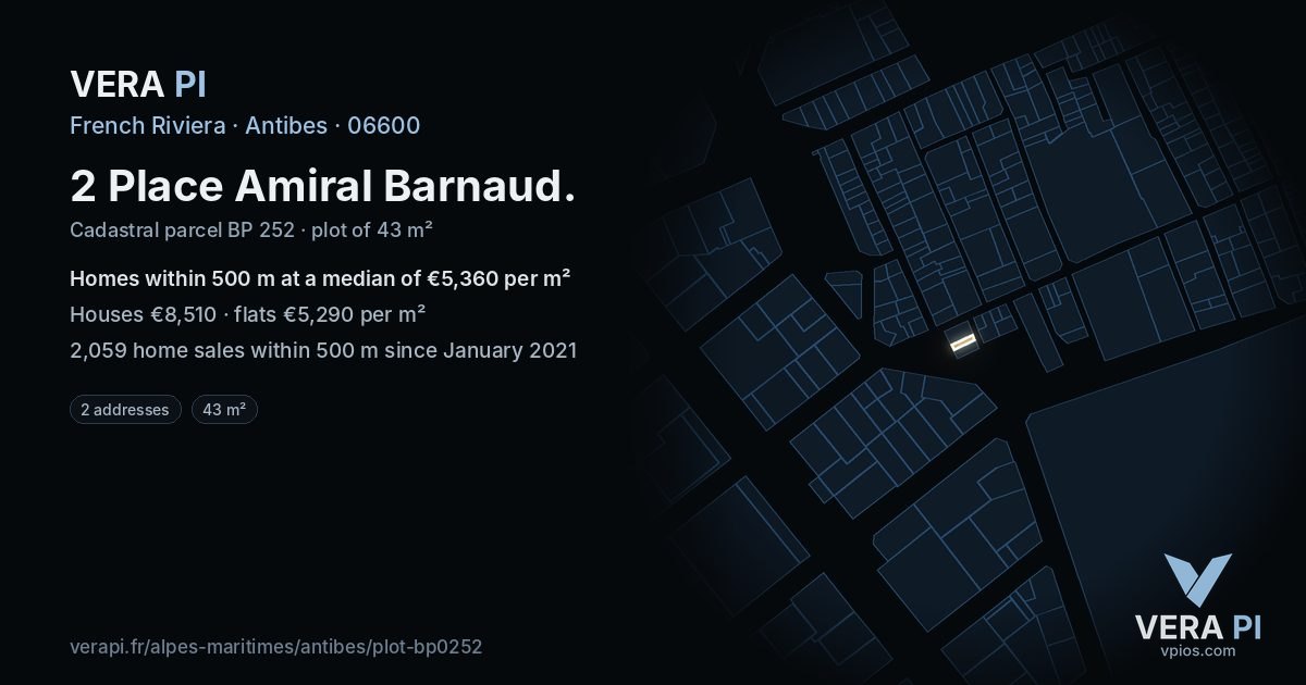 2 Place Amiral Barnaud, Antibes at night – the plot lit, the parcels around coloured by the prices near them