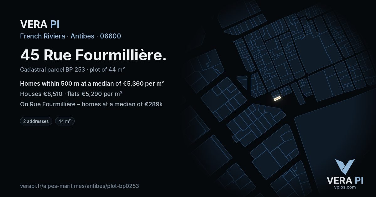 45 Rue Fourmillière, Antibes at night – the plot lit, the parcels around coloured by the prices near them
