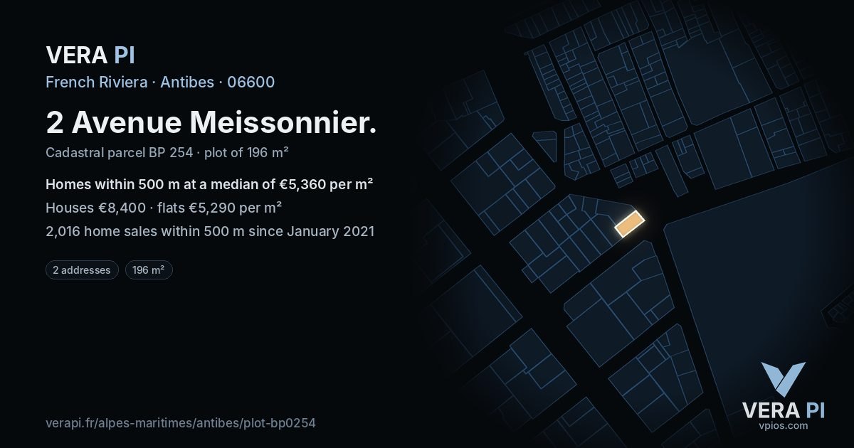 2 Avenue Meissonnier, Antibes at night – the plot lit, the parcels around coloured by the prices near them