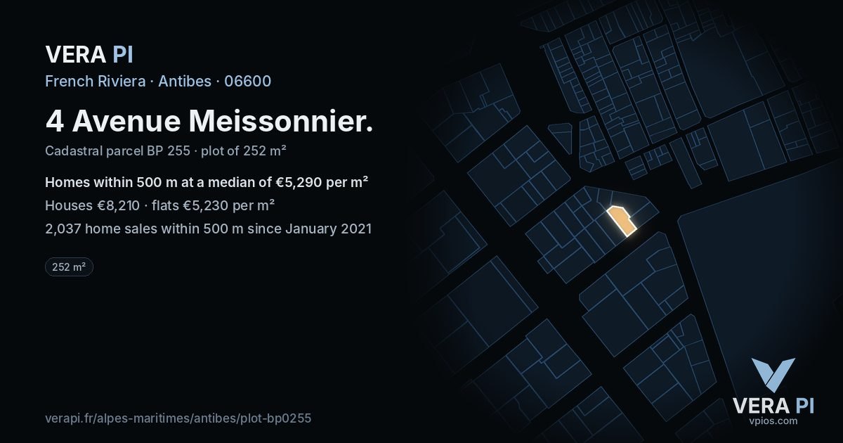 4 Avenue Meissonnier, Antibes at night – the plot lit, the parcels around coloured by the prices near them