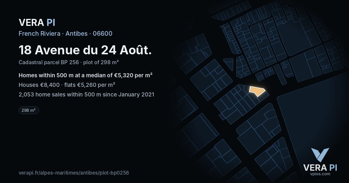 18 Avenue du 24 Août, Antibes at night – the plot lit, the parcels around coloured by the prices near them