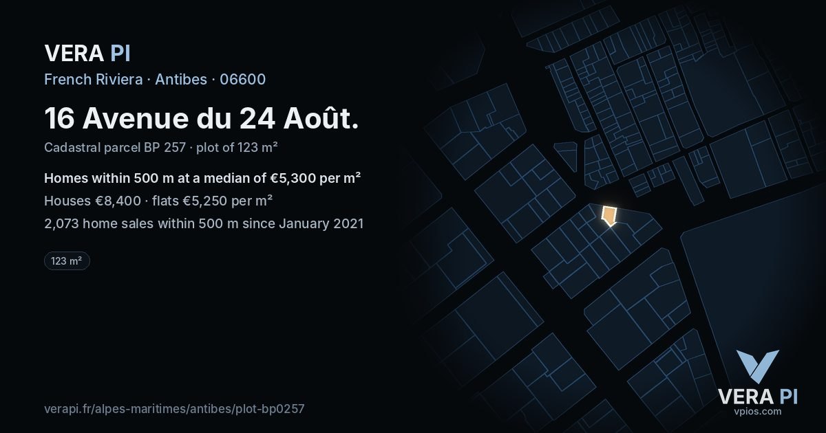 16 Avenue du 24 Août, Antibes at night – the plot lit, the parcels around coloured by the prices near them