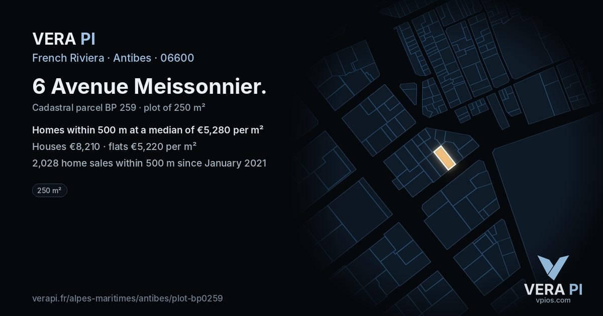 6 Avenue Meissonnier, Antibes at night – the plot lit, the parcels around coloured by the prices near them