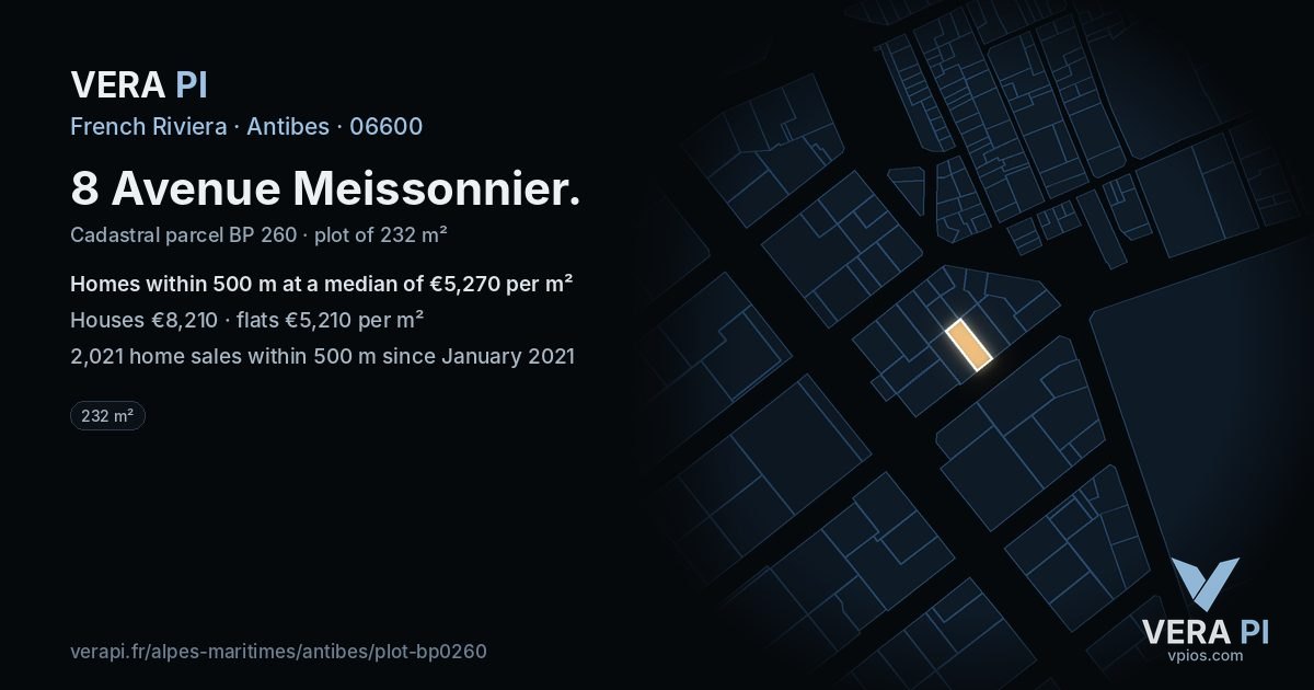 8 Avenue Meissonnier, Antibes at night – the plot lit, the parcels around coloured by the prices near them