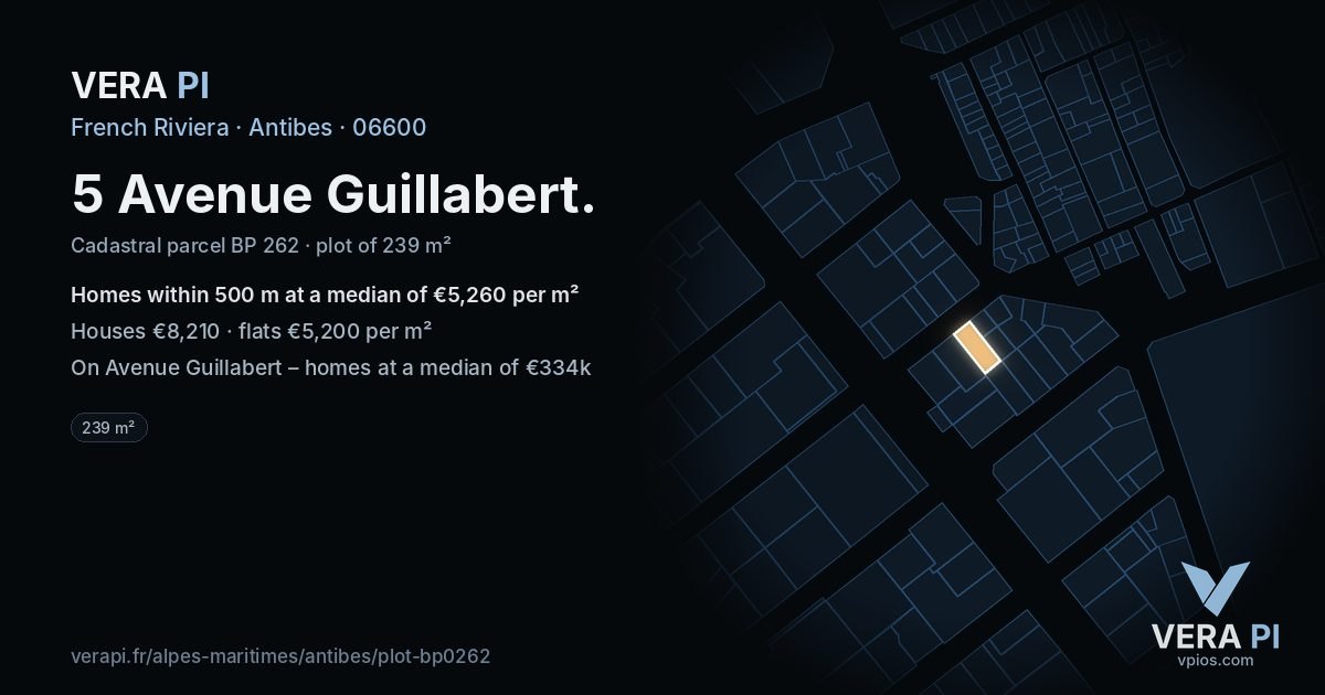 5 Avenue Guillabert, Antibes at night – the plot lit, the parcels around coloured by the prices near them