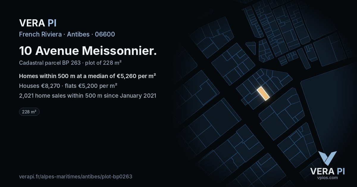 10 Avenue Meissonnier, Antibes at night – the plot lit, the parcels around coloured by the prices near them