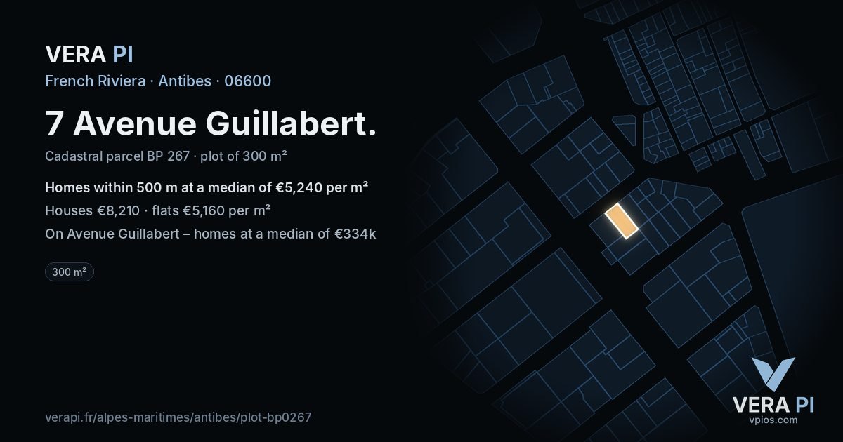 7 Avenue Guillabert, Antibes at night – the plot lit, the parcels around coloured by the prices near them