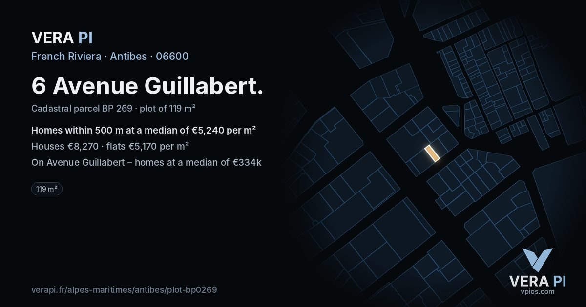 6 Avenue Guillabert, Antibes at night – the plot lit, the parcels around coloured by the prices near them