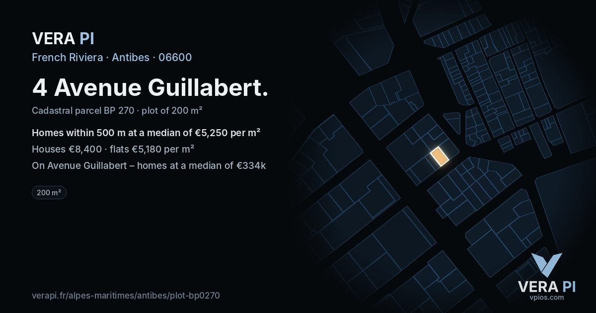4 Avenue Guillabert, Antibes at night – the plot lit, the parcels around coloured by the prices near them
