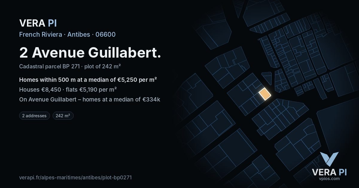 2 Avenue Guillabert, Antibes at night – the plot lit, the parcels around coloured by the prices near them