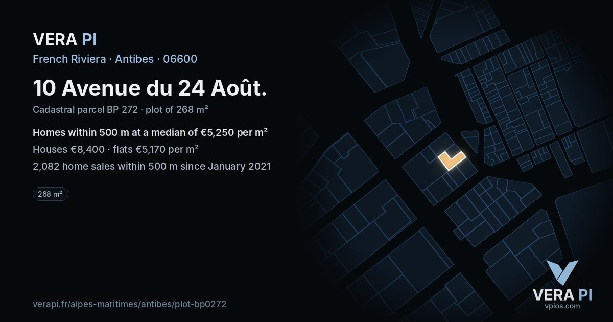 10 Avenue du 24 Août, Antibes at night – the plot lit, the parcels around coloured by the prices near them