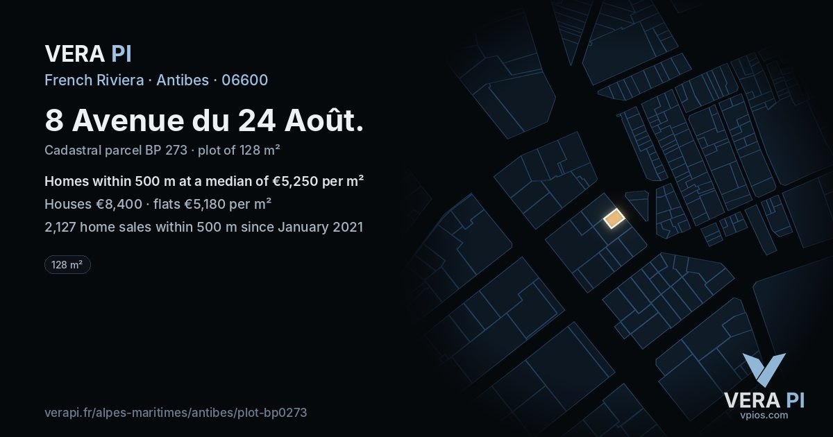 8 Avenue du 24 Août, Antibes at night – the plot lit, the parcels around coloured by the prices near them