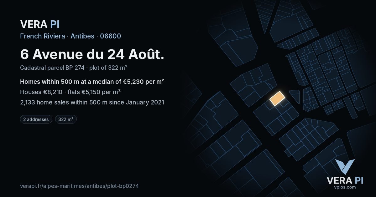 6 Avenue du 24 Août, Antibes at night – the plot lit, the parcels around coloured by the prices near them